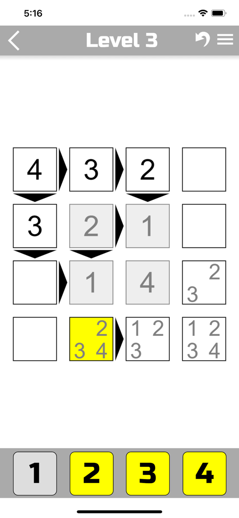 A 4x4 grid of The Futoshiki logic puzzle game with numbers and inequality signs
