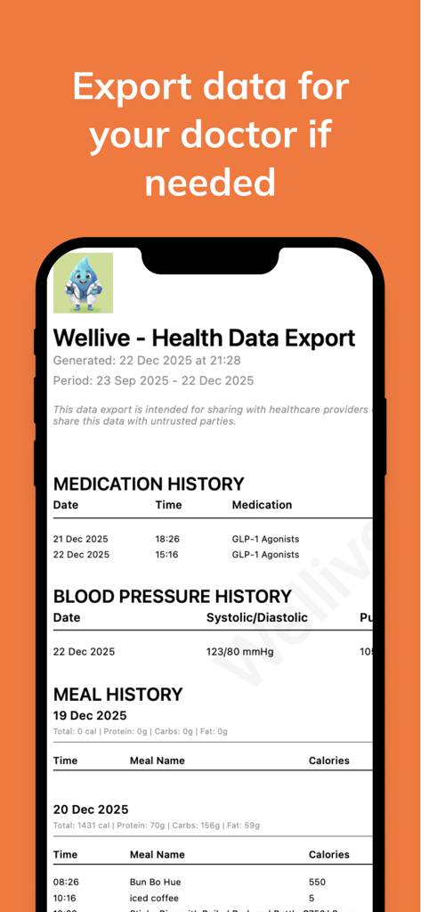 Wellive - GLP-1 Care AI - Wellive app screen showing a health data export report for doctors including medication and meal history