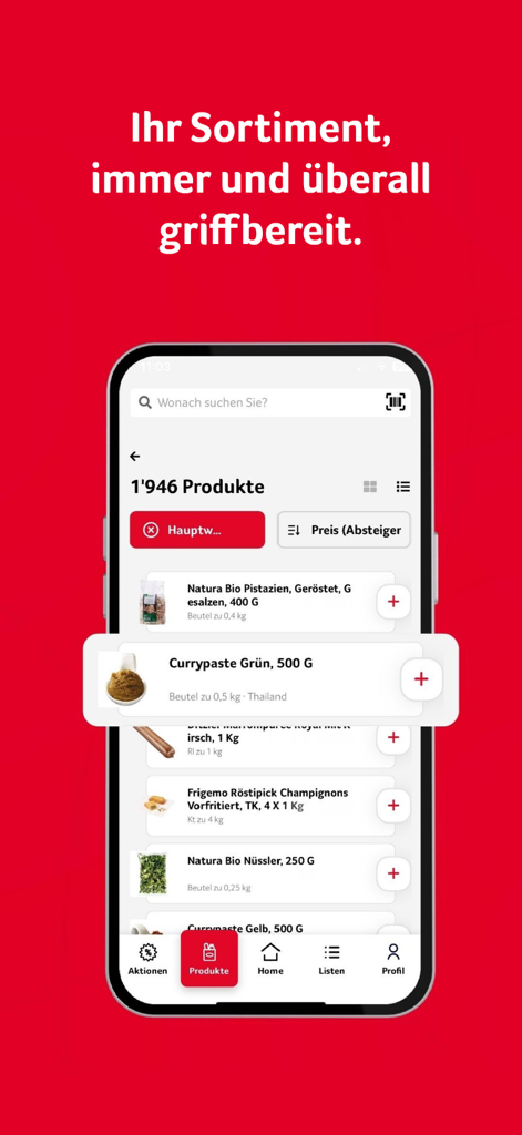 Transgourmet/Prodega Schweiz - Catálogo de productos y pantalla de búsqueda de la aplicación móvil Transgourmet Prodega