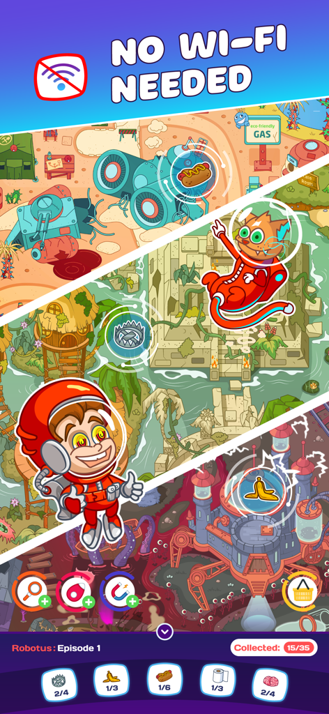 Find It: Spy Hidden Objects - Find It game screen showing vibrant space worlds and an offline play announcement