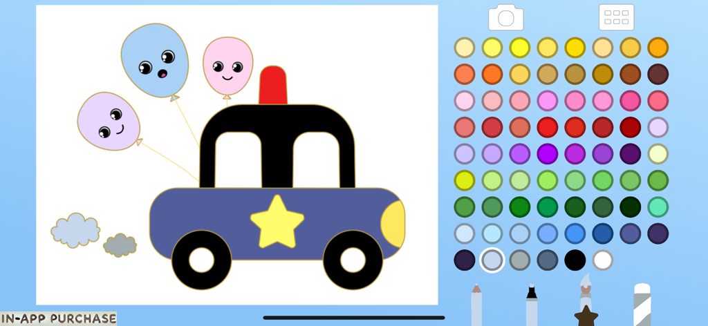 Coloring for Kids and Toddler - Coloring page of a cute police car with balloons in a kids educational app