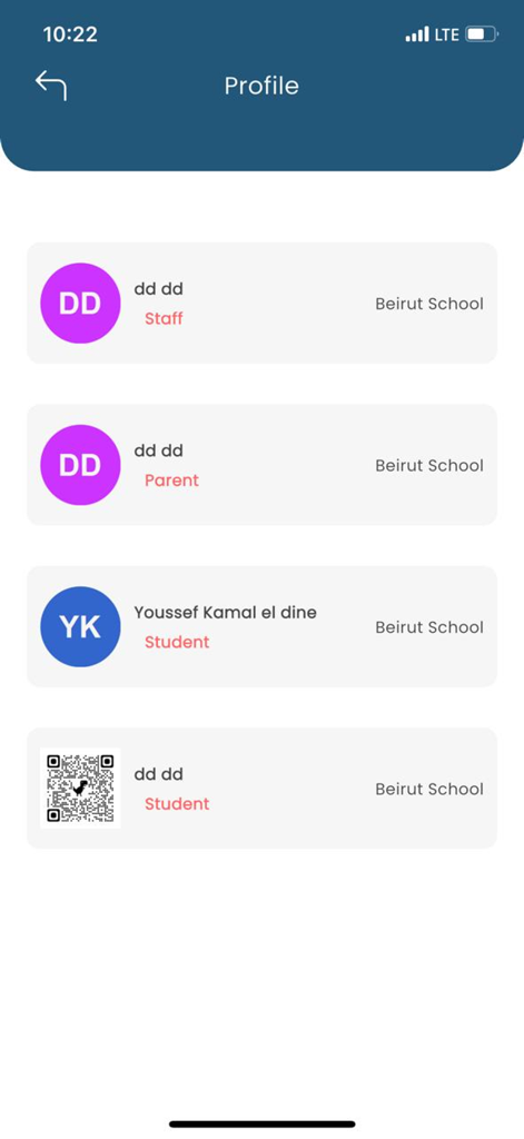 EyeSchool - EyeSchool app profile screen showing a list of users categorized as Staff Parent and Student for Beirut School