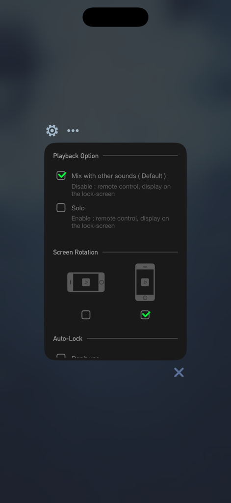 Somewhere - Rain Sound ASMR - Opciones de reproducción y configuración de rotación de pantalla en la aplicación Somewhere