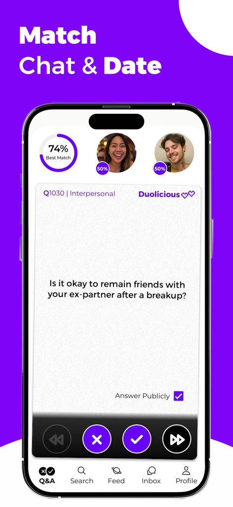 Pantalla de la app Duolicious mostrando una pregunta de cuestionario de personalidad y los porcentajes de compatibilidad de match del usuario.