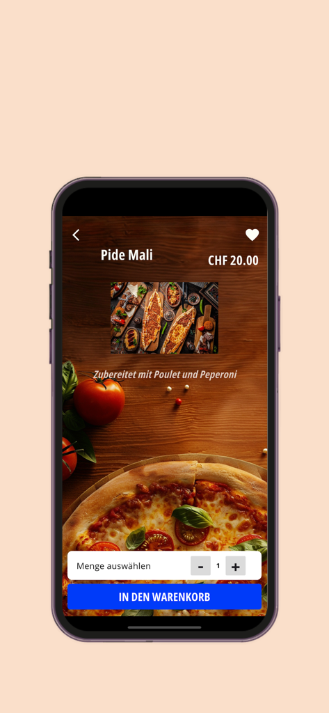 Interfaz de la aplicación Mali Pizza Kebap para pedir Pide Mali con pollo y pimientos