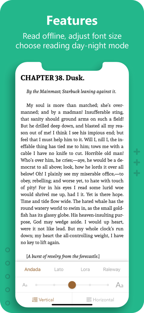 Gutenberg Ebook Reader interface showing font customization and offline reading features