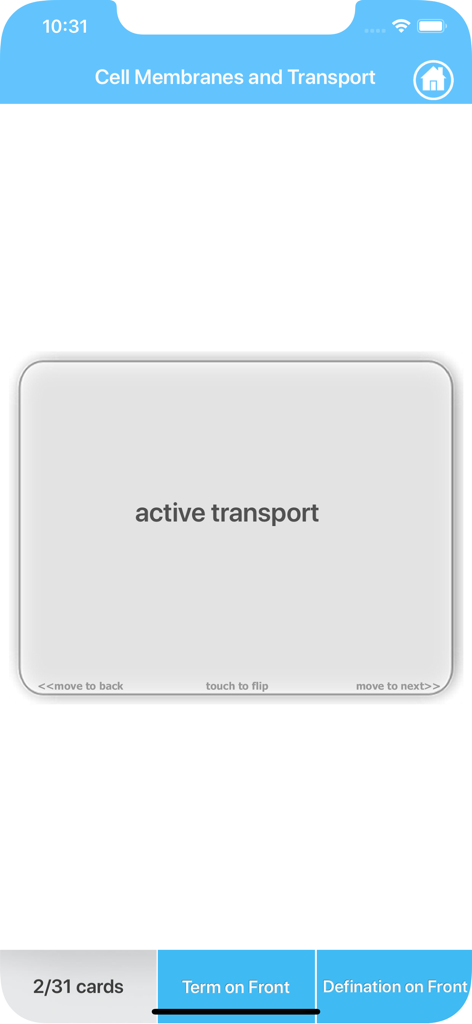 High School Biology - Biology study app flashcard showing the term active transport