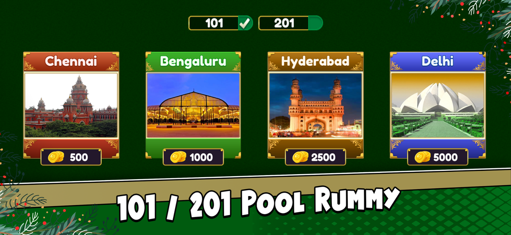 Rummy - The Card Game - Pantalla de selección para los modos de juego Rummy Pool 101 y 201 con mesas temáticas de ciudades indias como Chennai y Delhi