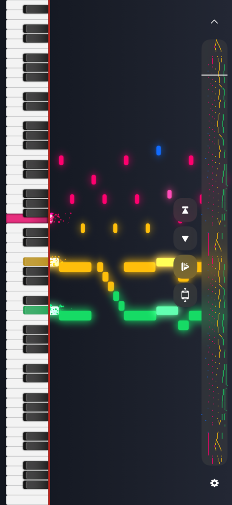 Note Spark - A vertical piano interface with colorful falling MIDI notes visualizing a musical track in Note Spark.