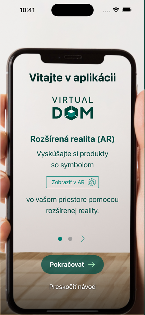 Welcome screen of the Virtual Dom app introducing the augmented reality furniture visualization feature