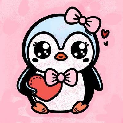 cute penguin with bow tie holding heart