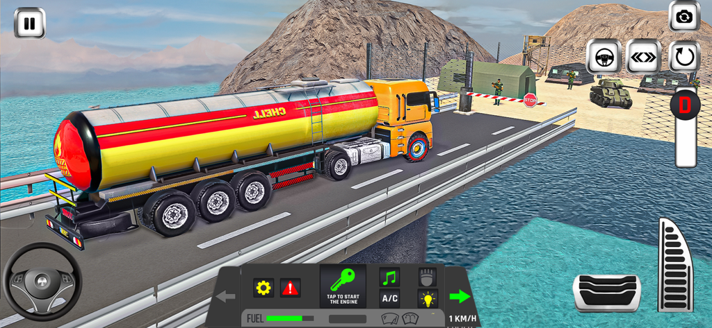 Truck Simulator Driver Games - A yellow oil tanker truck driving on a bridge in a simulation game.