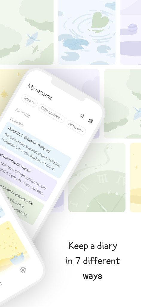 Cherish - diary with 7 formats - Interface of Cherish app with journal entries and aesthetic pastel backgrounds