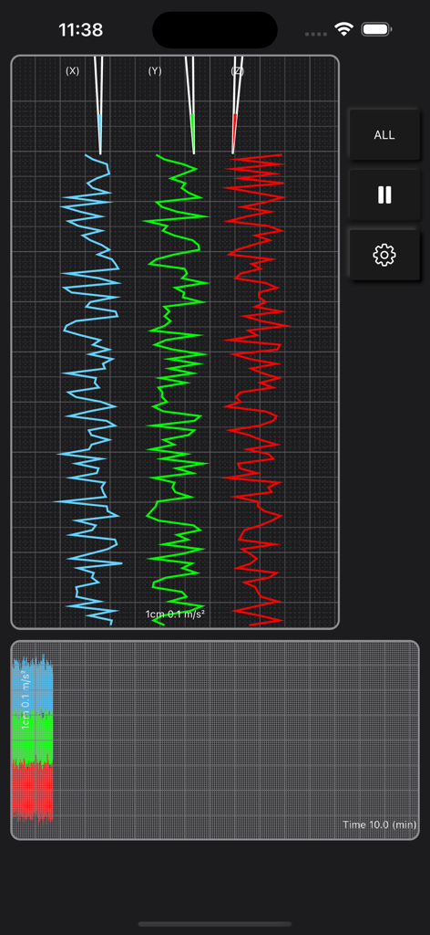 Echtzeit-Vibrationsmess-Oberfläche mit XYZ-Achsen-Diagrammen in Seismometer plus.