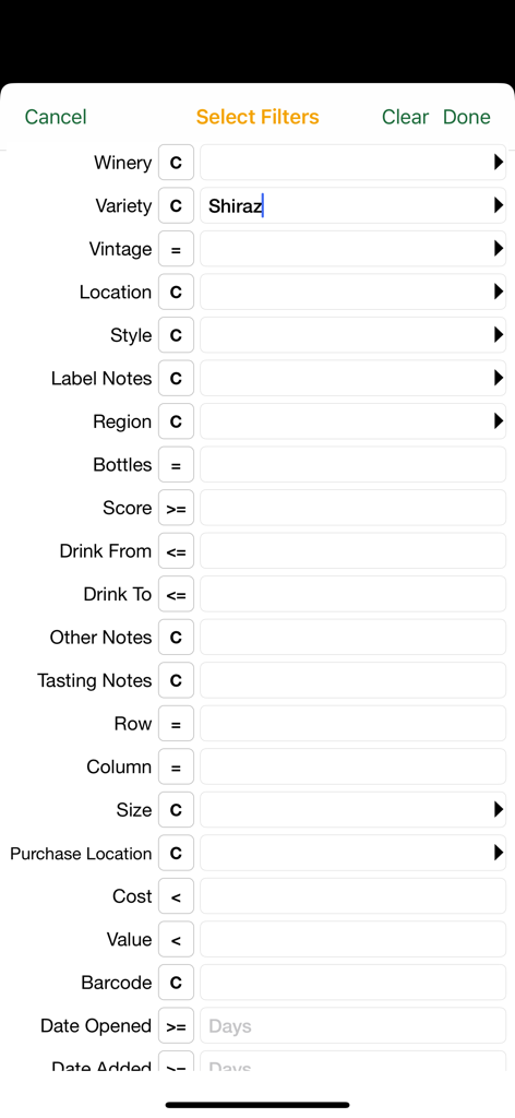 Advanced search filter screen for wine inventory management