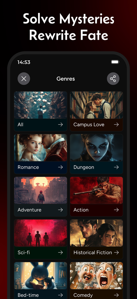 Story AI app interface showing various story genres like Romance, Campus Love, and Sci-fi
