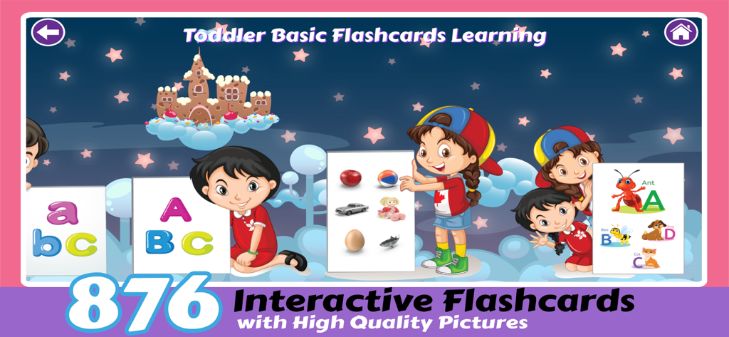 Pre K Preschool Learning Games - Preschool learning app screen showing interactive flashcards with letters and real life objects for toddlers