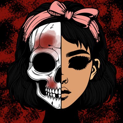realistic girl with half skull mask