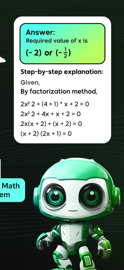 Photo Maths Solver - Math AI - Photo Maths Solver app interface showing a step by step algebra solution with a green AI robot
