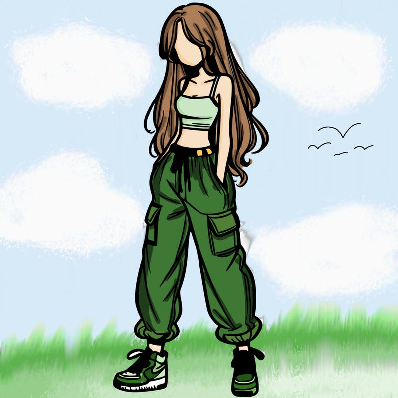 girl in baggy pants crop top and long hair