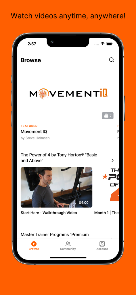 Power Nation by Tony Horton - Browse screen of the Power Nation by Tony Horton app showing various fitness programs and videos.
