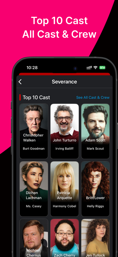 Binge Me - Binge Me app screen showing the top 10 cast members for the TV series Severance with actor photos and character names