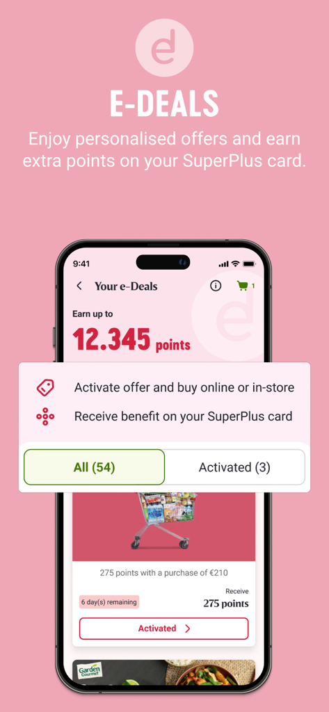 My Delhaize - Captura de pantalla de la app Mi Delhaize mostrando ofertas electrónicas personalizadas y la interfaz de puntos de fidelidad SuperPlus en un iPhone.