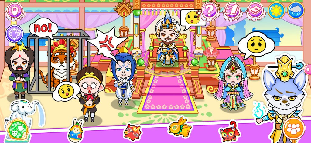 Avatar Life - Magic World - Escena interactiva de la historia de Viaje al Oeste en Avatar Life Magic World con varios personajes de dibujos animados en un entorno de palacio