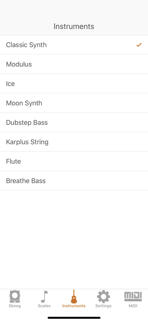 A menu in the Skoog app displaying various instrument options like Classic Synth, Modulus, and Dubstep Bass.