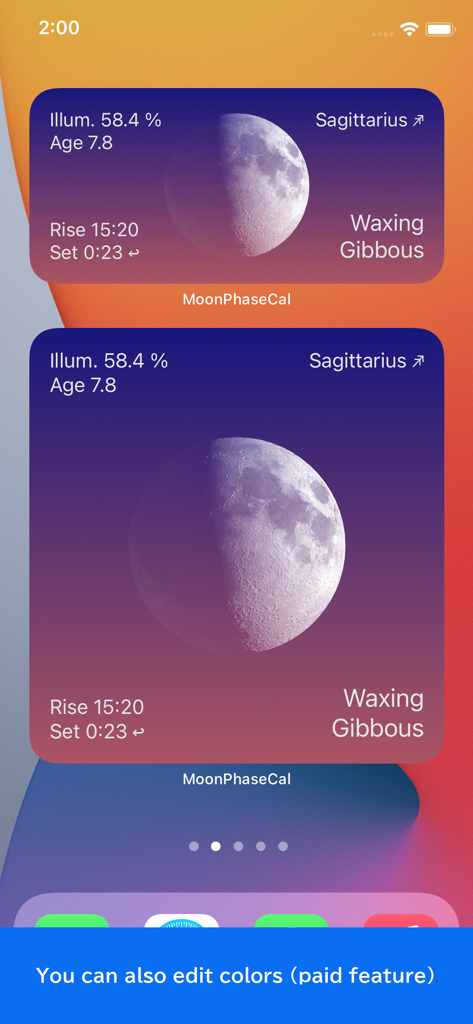 Two iOS home screen widgets displaying the waxing gibbous moon phase in Sagittarius with illumination data