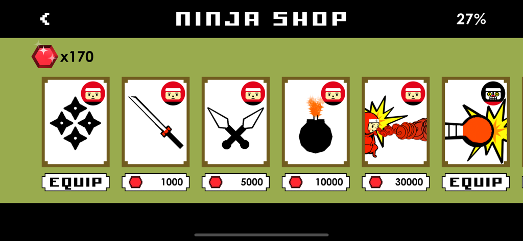 Math Ninjas - The Ninja Shop screen in Math Ninjas showing various unlockable weapons and gear like swords and bombs that players can buy with earned gems