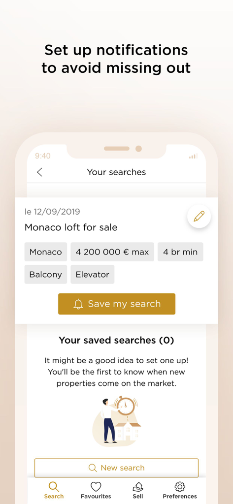 Belles Demeures App-Oberfläche zeigt, wie man eine Suche speichert und Benachrichtigungen für Luxusimmobilien wie ein Loft in Monaco einrichtet.