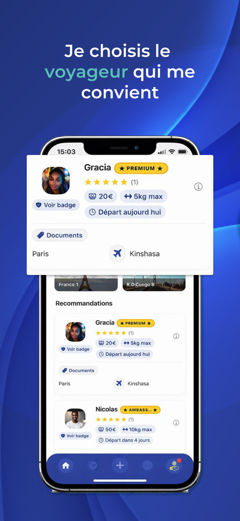 Kimia Lite - Mobile interface of Kimia Lite app showing traveler profiles for parcel delivery between Paris and Kinshasa