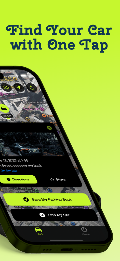 Parked Here - Find My Car - Smartphone mostrando la interfaz de la aplicación Parked Here con un mapa y un botón para guardar un lugar de estacionamiento