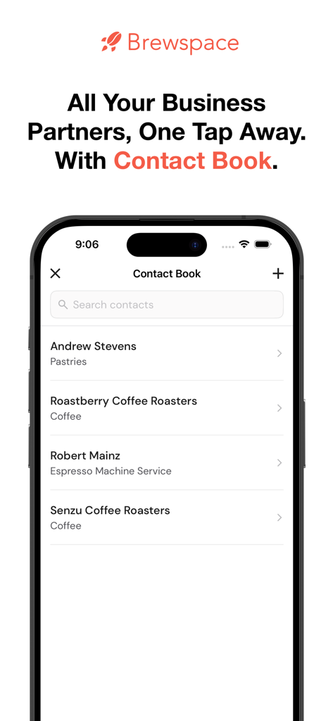 Brewspace: Café Manager - Brewspace app contact book screen showing a list of business partners and suppliers for a cafe