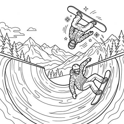 Get ready to hit the slopes with this exhilarating coloring page featuring two dynamic halfpipe snowboarders. Capture the high-flying action and cool tricks as you bring this winter sports scene to life with your favorite colors.