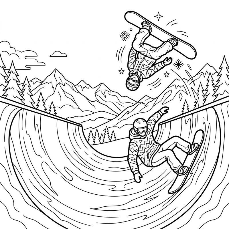 Get ready to hit the slopes with this exhilarating coloring page featuring two dynamic halfpipe snowboarders. Capture the high-flying action and cool tricks as you bring this winter sports scene to life with your favorite colors.