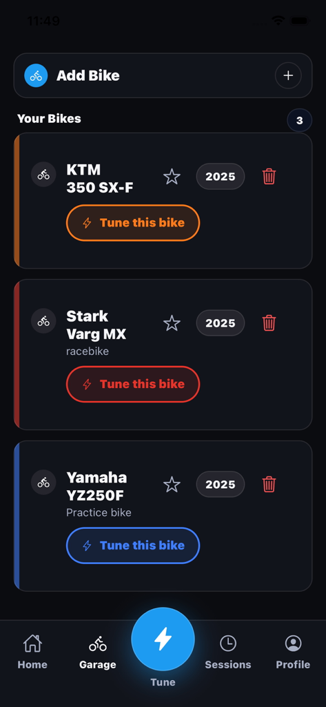 Dialed Offroad - Dialed Offroad app garage screen showing a list of dirt bikes for suspension tuning