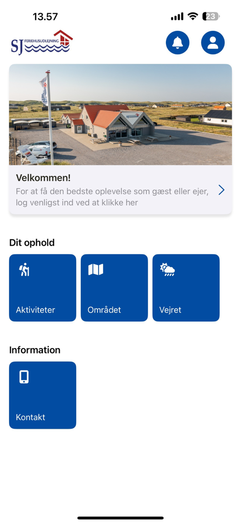 Main dashboard of the SJ Feriehusudlejning app featuring navigation tiles for activities local area weather and contact information