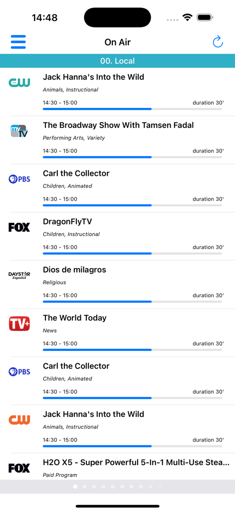 TV Guide Plus Listing freeview - Current TV listings on the TV Guide Plus app showing programs across local channels with progress bars