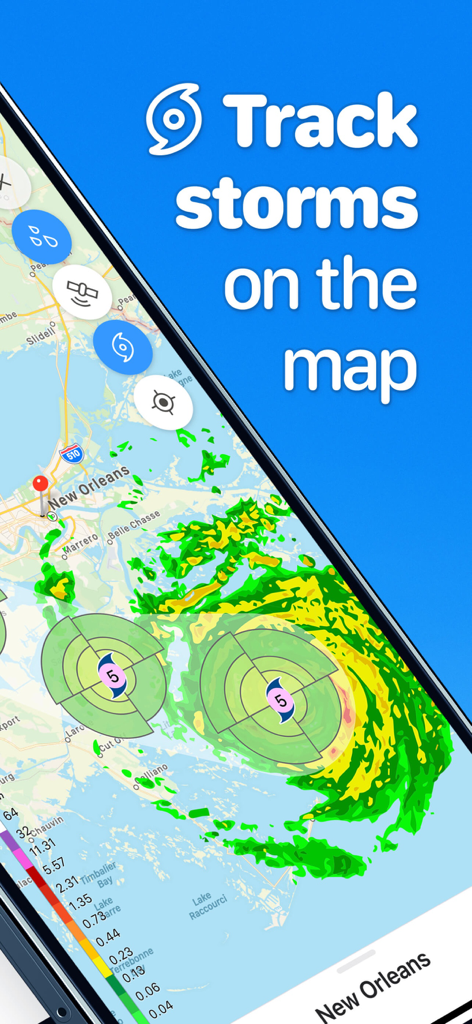A smartphone screen showing a live hurricane radar tracking a storm near New Orleans on a map