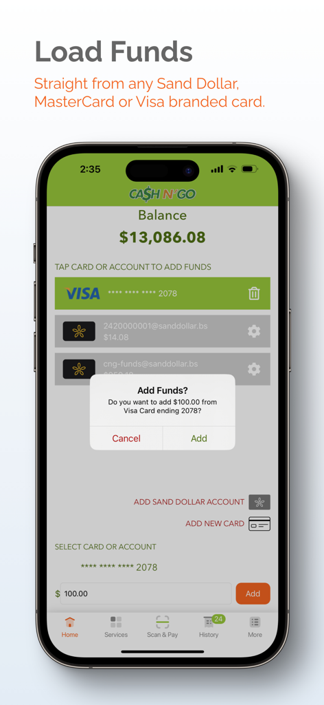 Interfaz de la aplicación Cash N GO que muestra opciones para cargar fondos usando una tarjeta Visa o una cuenta Sand Dollar.