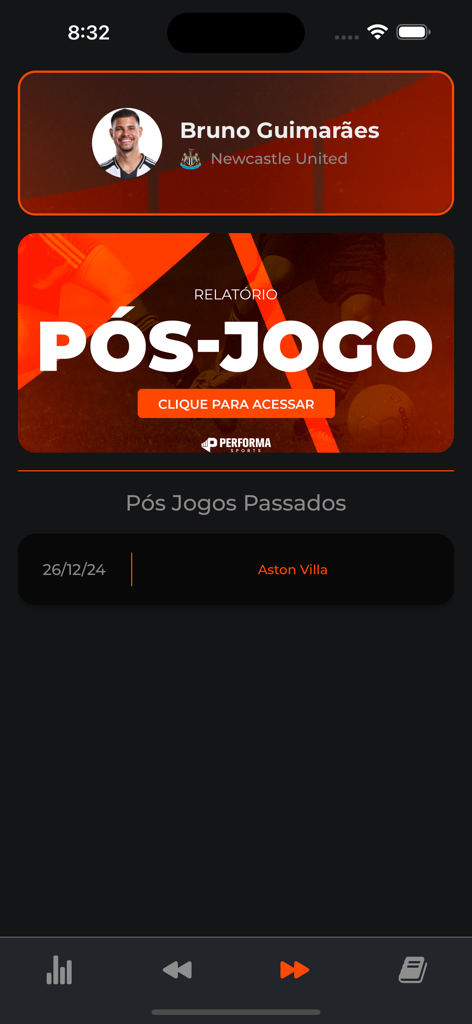 Performa Sports - Performa Sports app dashboard featuring a post match tactical report for a professional soccer athlete