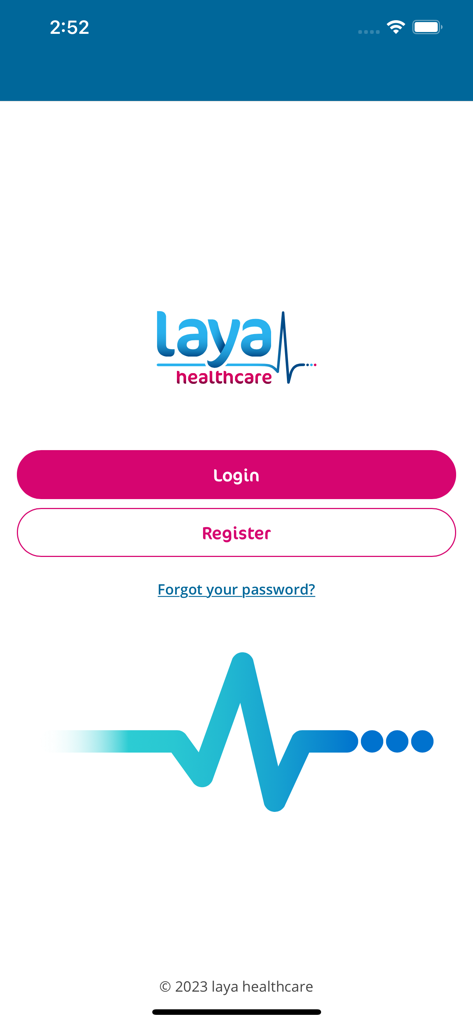 Laya Healthcare mobile app login and registration screen featuring the company logo and heartbeat graphic