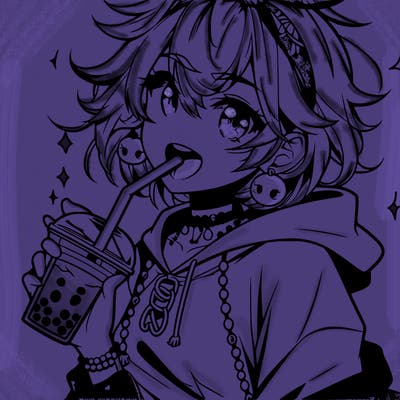 hot baddie anime girl drinking boba and biting the straw