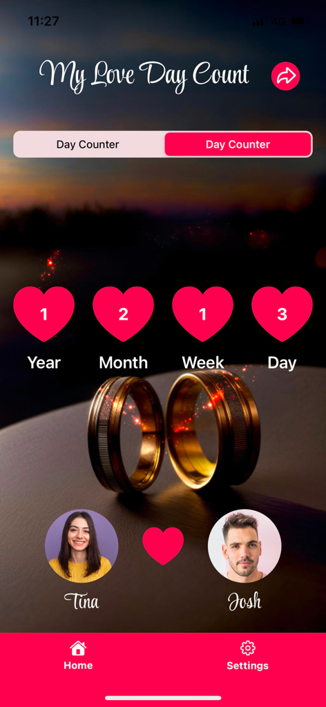 My Love Relationship Tracker interface showing a couple named Tina and Josh who have been together for 1 year 2 months 1 week and 3 days
