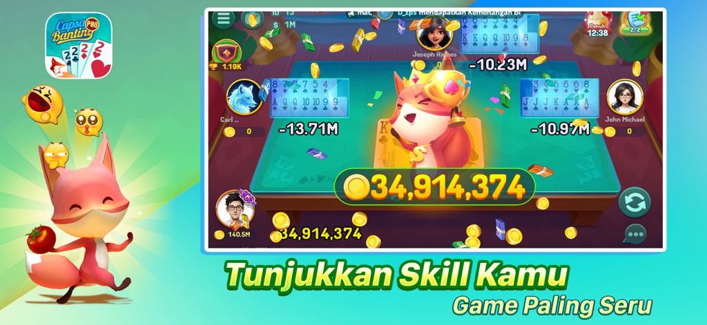 Capsa Banting ZingPlay - インドネシア語のテキストとキャラクターマスコットが登場するCapsa Banting ZingPlayカードゲームのゲームプレイ画面のスクリーンショット