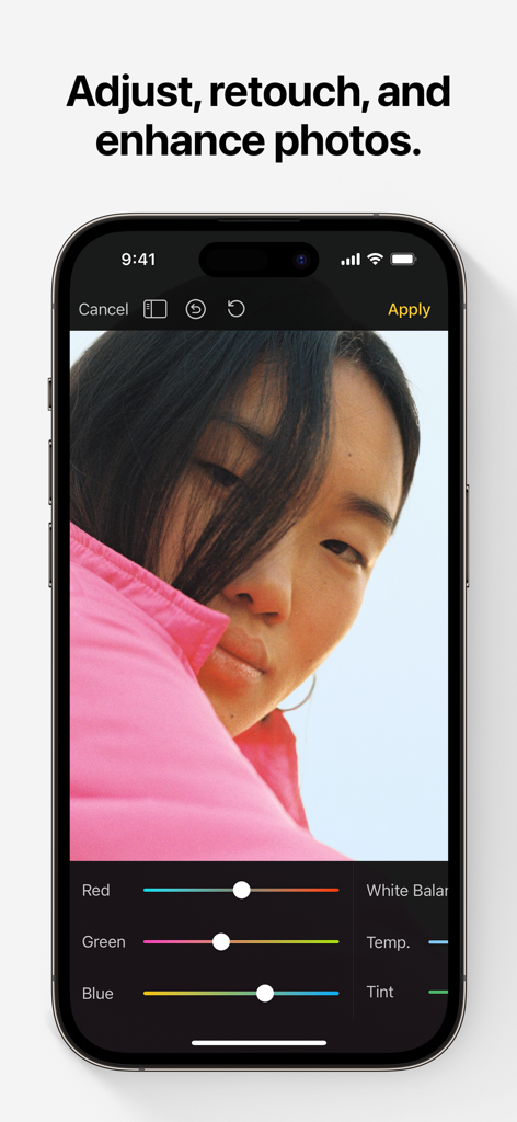 Pixelmator 사진 편집 인터페이스가 iPhone에서 색상 조정 도구와 함께 표시됩니다.