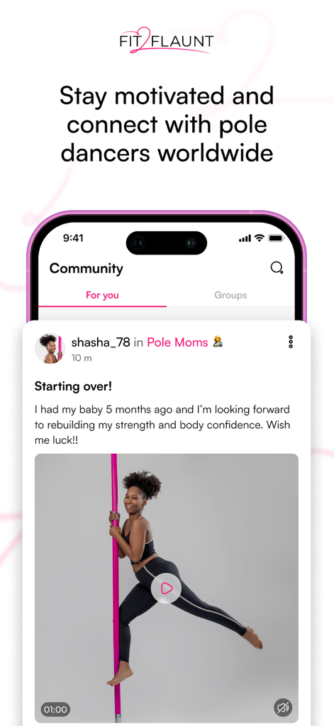 Fit-2-Flaunt - Screenshot of the Fit-2-Flaunt app showing the community feature with a user post about pole dancing fitness