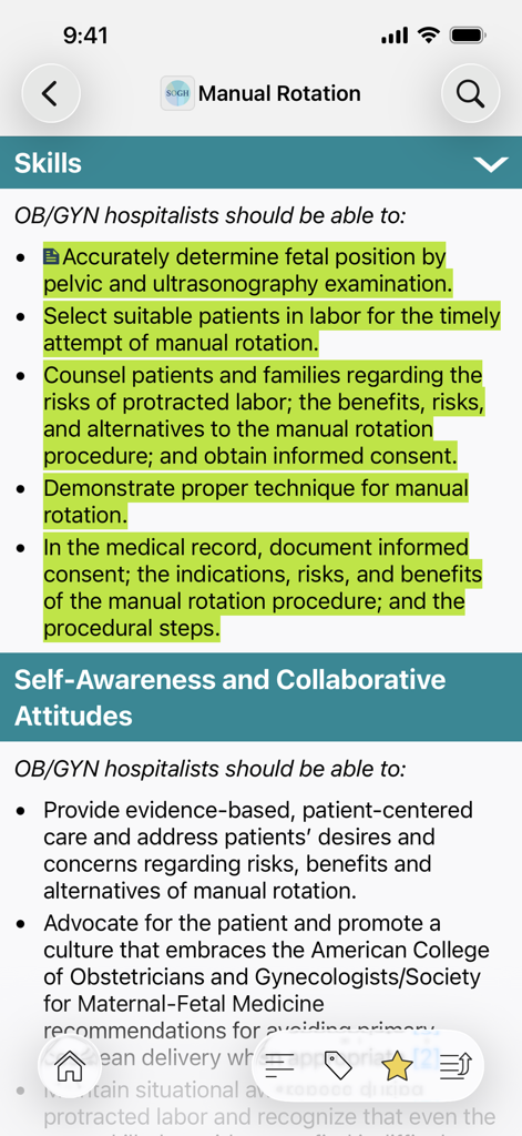 SOGH: OB/GYN Resource Center - Pantalla de la aplicación SOGH OBGYN Resource Center que muestra habilidades clínicas de rotación manual y actitudes profesionales.